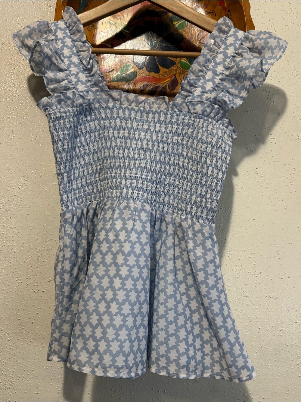 J. Marie Smocked Ruffle Sleeve Top in Light Blue and White Size Small